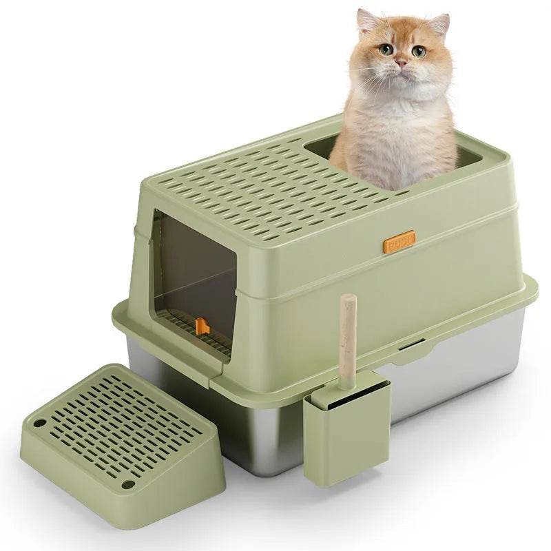 Large grey stainless steel cat toilet with pedal-operated lid, enclosed design