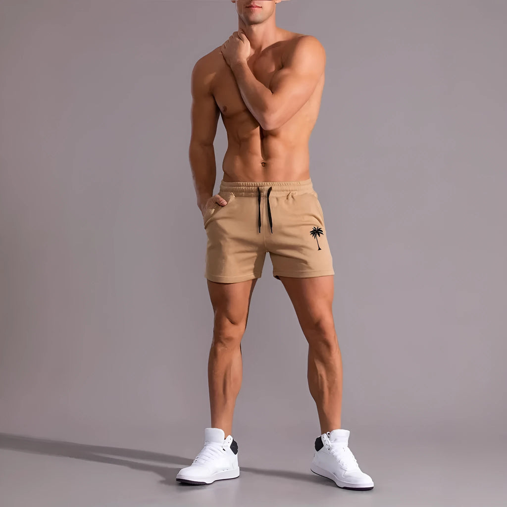 Men's khaki coconut print polyester sports shorts with straight cut and micro elasticity
