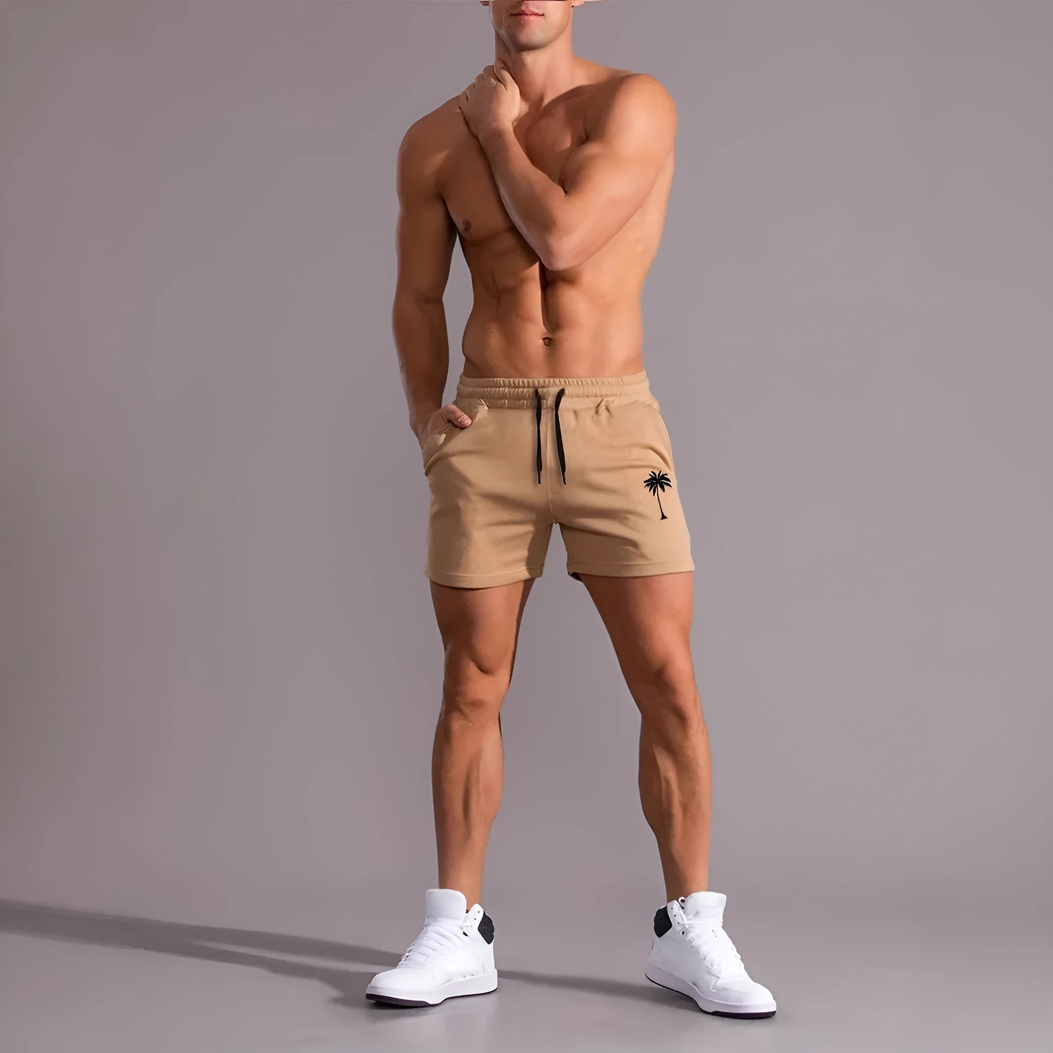 Men's khaki coconut print polyester sports shorts with straight cut and micro elasticity