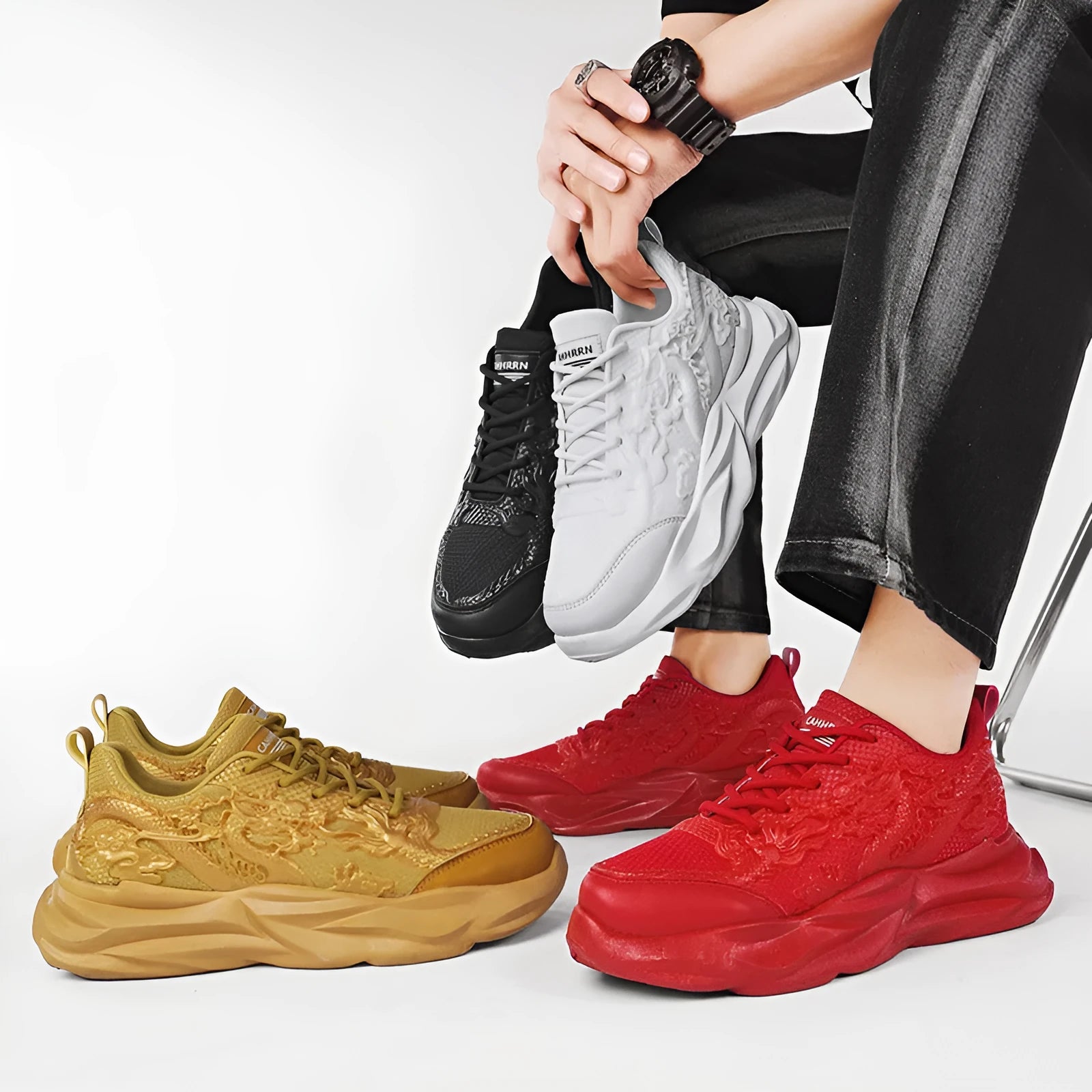 Men's casual fly knit sneakers in a Chinese dragon colour design on a rubber sole.