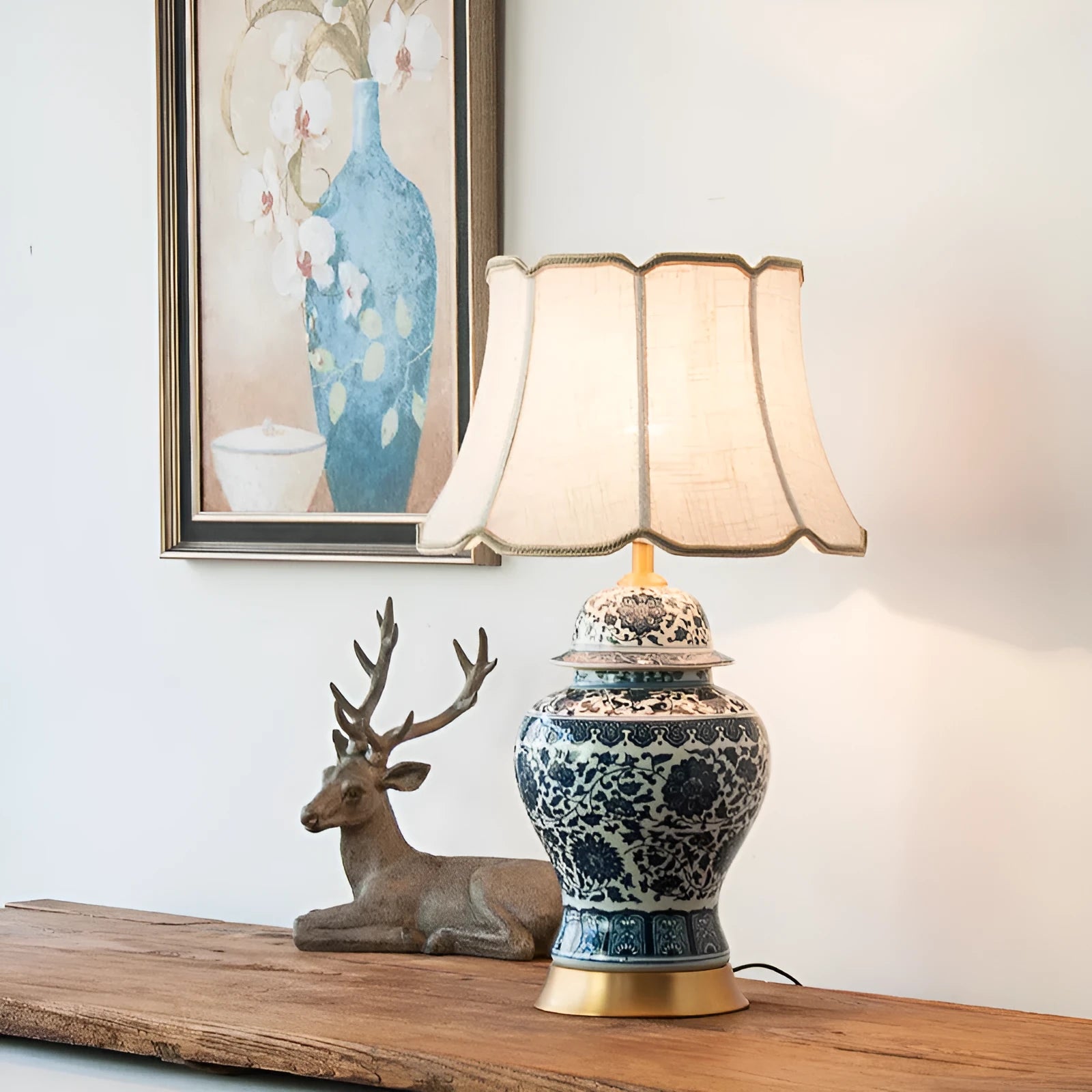 Chinese blue and white porcelain table lamp with handmade ceramic base and cloth shade