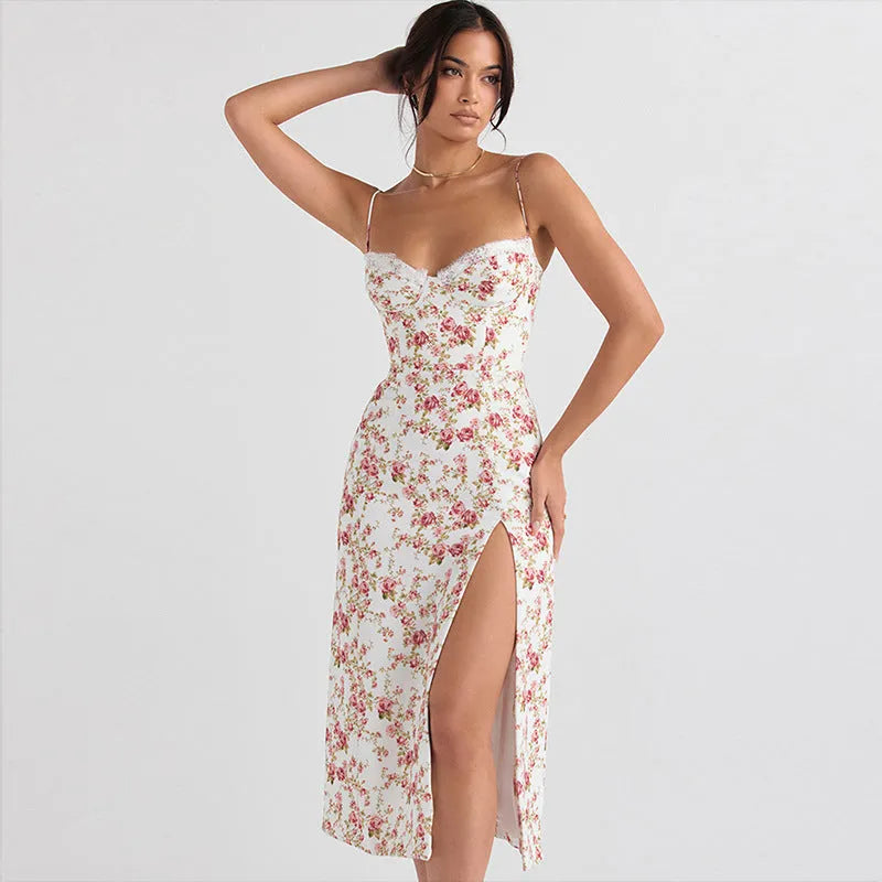 Women's lace flowers print long dress with side slit and adjustable suspender straps in blue, green, or red
