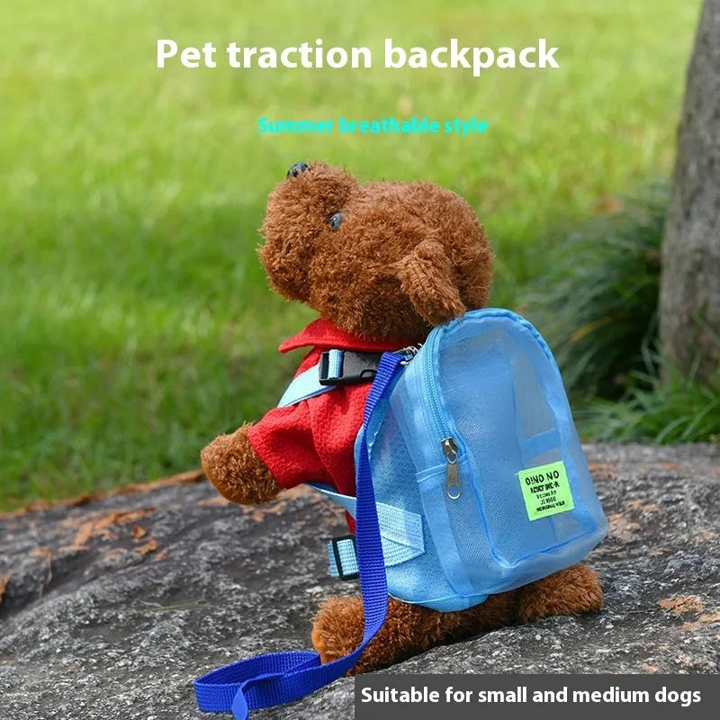 Solid colour breathable polyester dog backpack with a zipped main compartment and lead attachment strap.