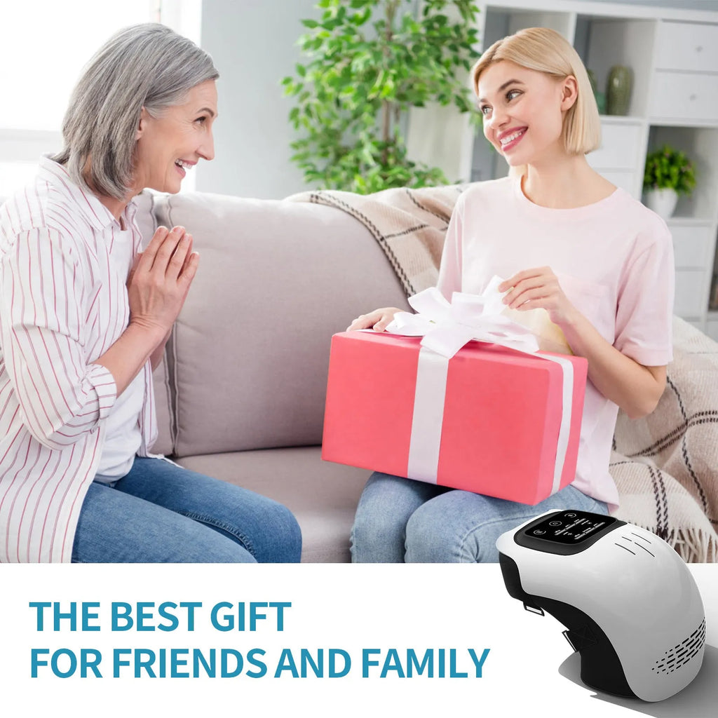 White intelligent electric knee massager with adjustable straps, showing control panel for heat and vibration settings.