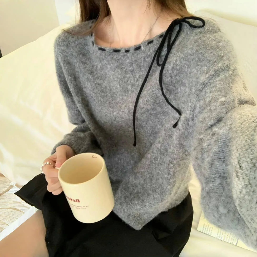 Women's grey loose-fitting pullover knitwear made from regenerated cellulose fibre