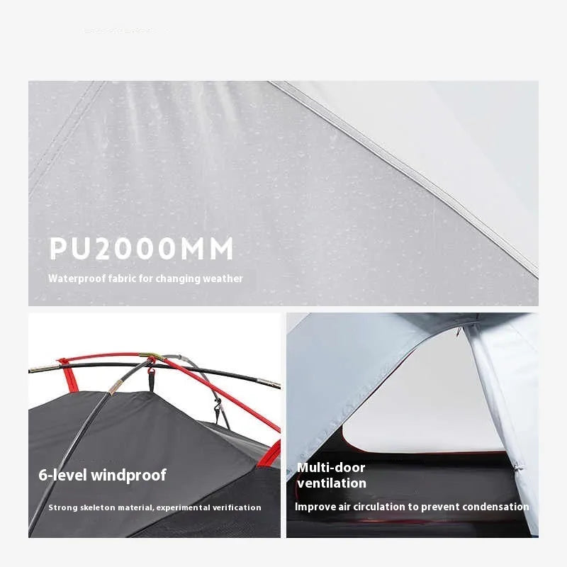 Blue and white two-person camping tent with rainfly, FRP poles, and 200x190x121cm expanded size