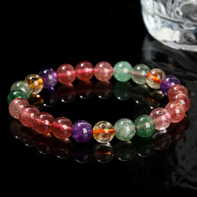 Women's strawberry quartz bracelet with round beads in a natural tourmaline colour