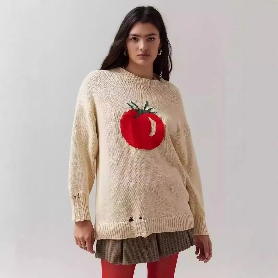 Women's acrylic jacquard pullover sweater in milky white with round neck and long sleeves, showing loose fit and textured pattern