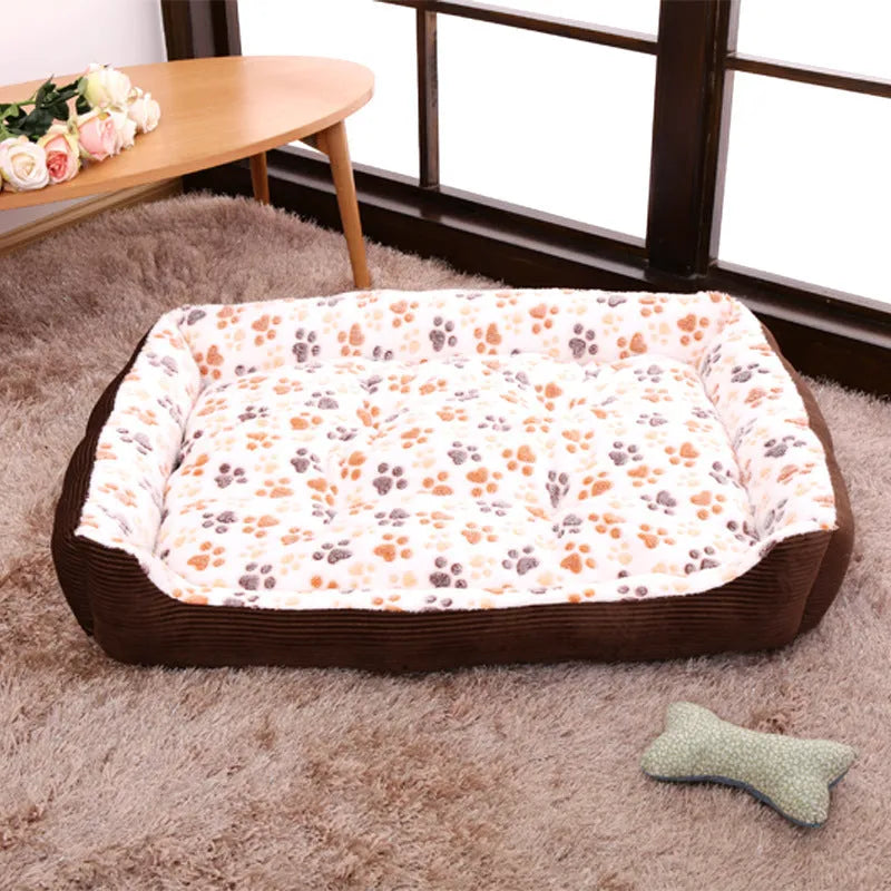 Beige soft plush pet bed for small dogs and cats in a sofa kennel design.
