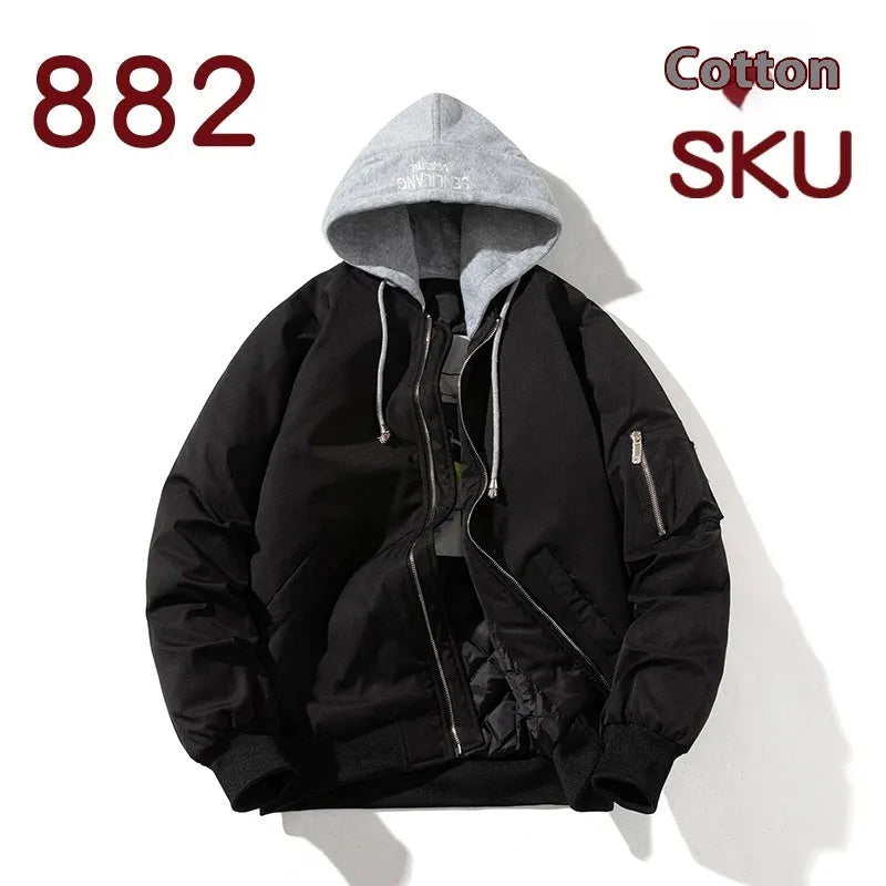 Men's black pilot jacket with loose fit shown on model, featuring pocket detailing with embedded lines