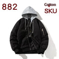 Men's black pilot jacket with loose fit shown on model, featuring pocket detailing with embedded lines