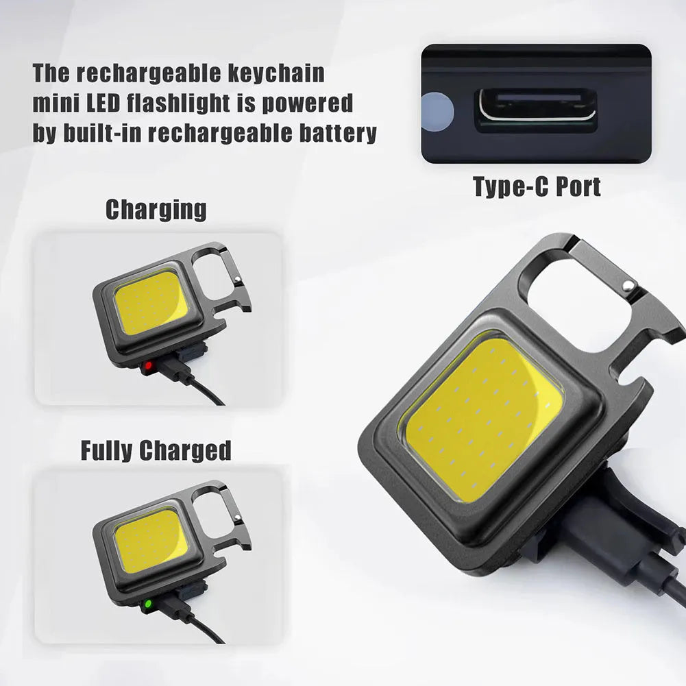 Mini keychain flashlight with COB LED, 400 lumens, USB rechargeable, three modes, hook and bottle opener.