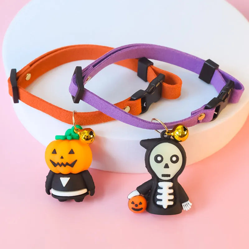 Halloween dog collar with luminous cartoon patterns in Pumpkin Man, Luminous Brat, and Luminous Skull designs, adjustable sizes 16-56cm