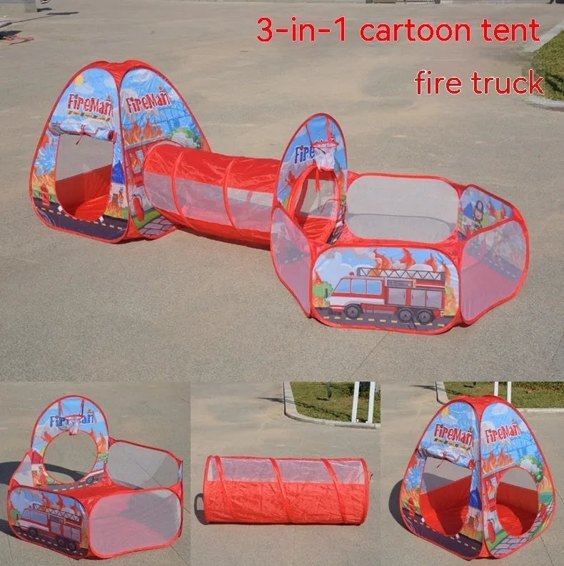 Three-piece children's play tent with marine cartoon design and tunnel sections for 4-6 year olds
