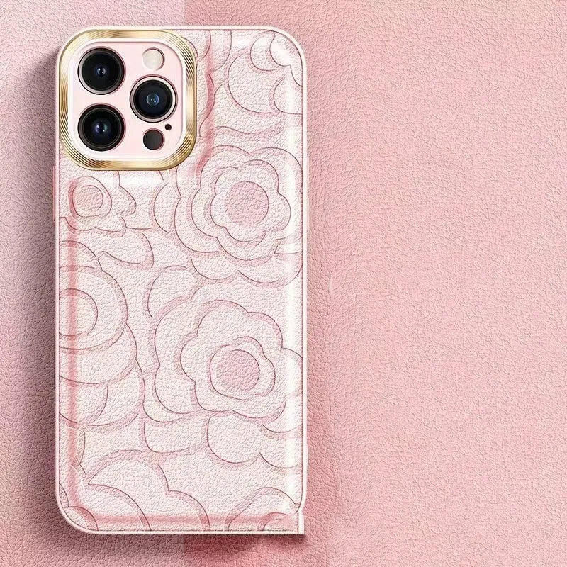 Camellia leather pattern phone case with soft edge and hard back for iPhone 11 to 15 Pro Max