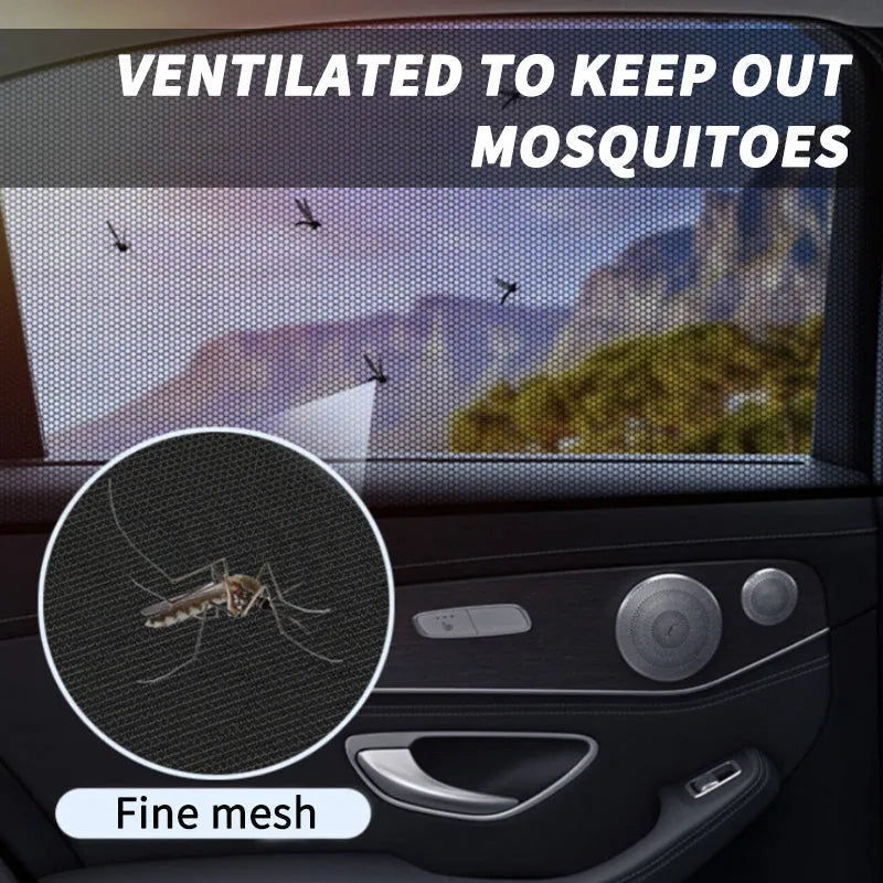 Car side window screen with double mesh installed on SUV window, showing elastic strip fixation
