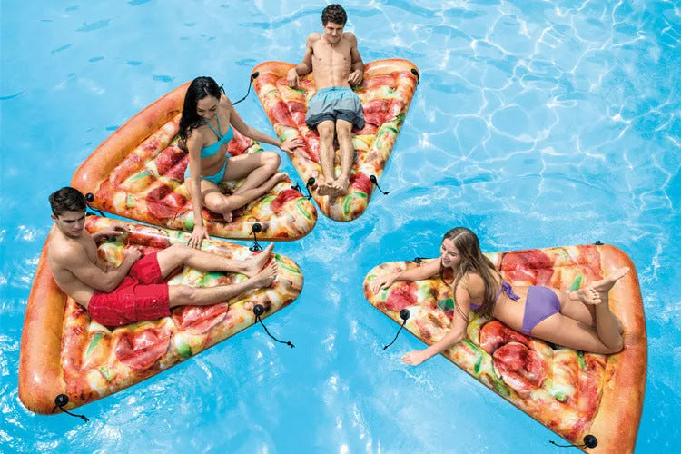 Pizza design inflatable surfboard recliner floating in pool, showing 175cm length and colourful pattern
