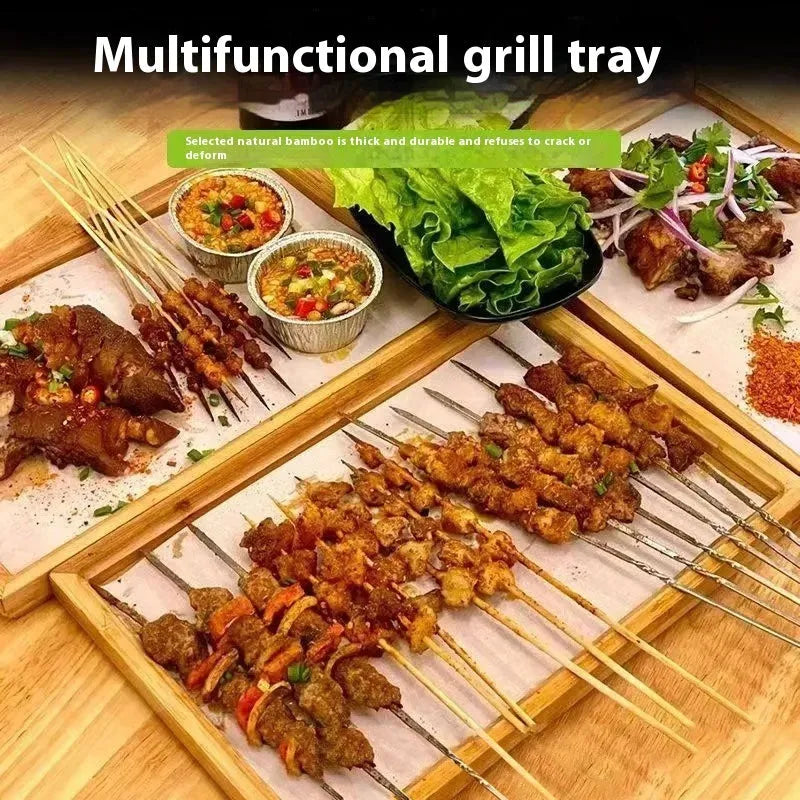 Square bamboo serving tray with brown handle for barbecue and hospitality use