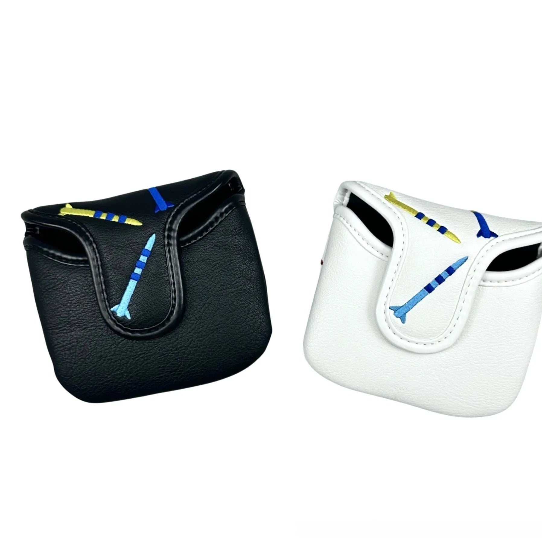Black golf putter protective sleeve with rocket pattern design for square putter heads