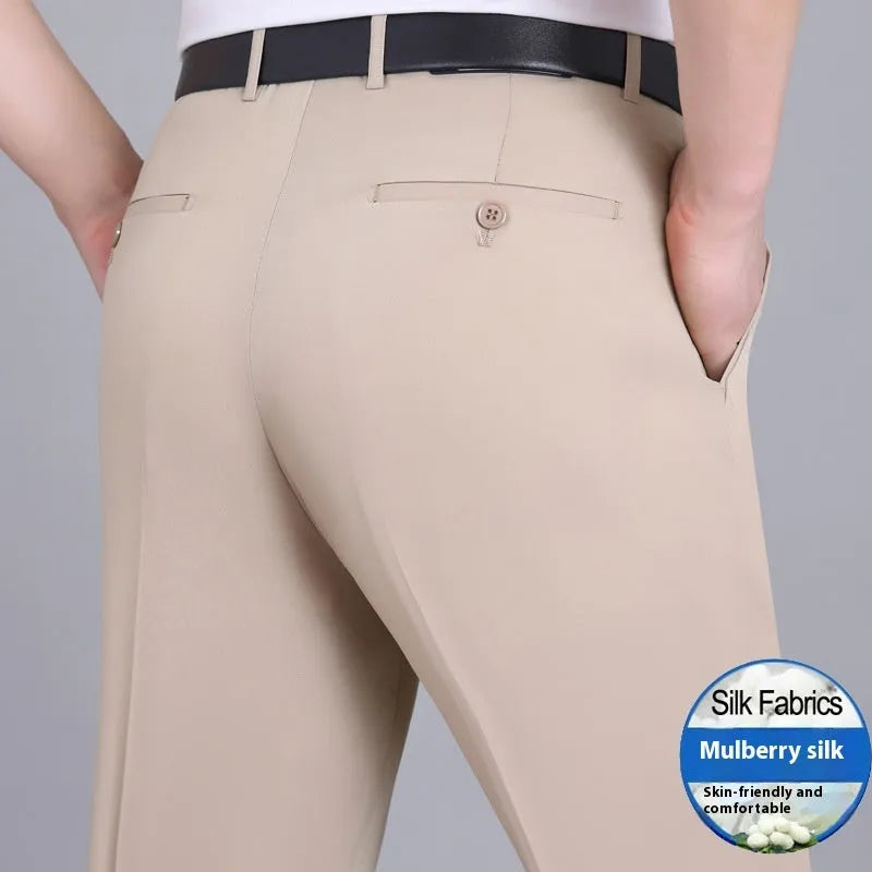Men's straight-leg mulberry silk trousers in dark blue with high waist and non-iron fabric for business