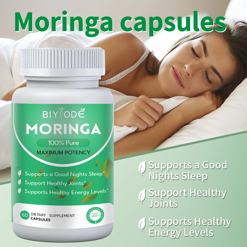 Moringa capsules herbal supplement bottle with 60 capsules, OEM ODM custom label and formula options