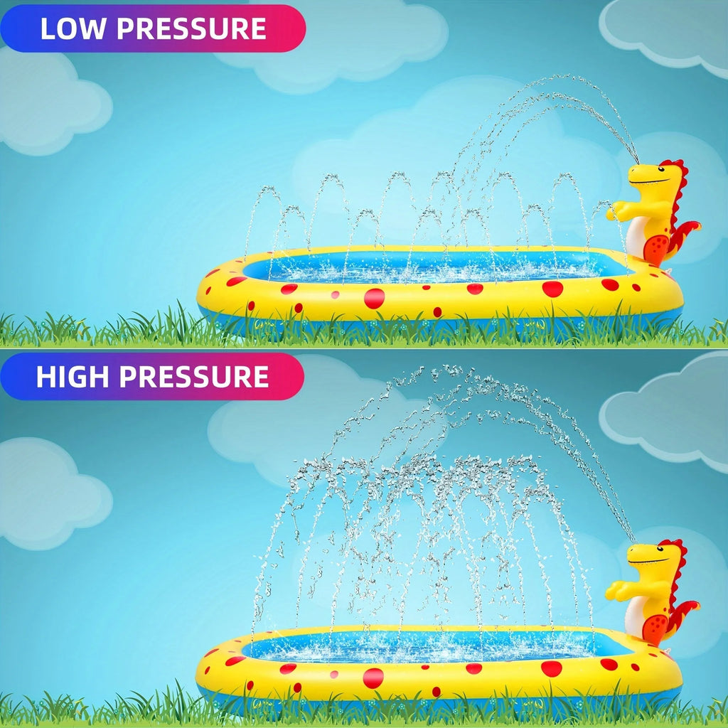 Blue dinosaur-themed inflatable water spray pool for kids in a garden