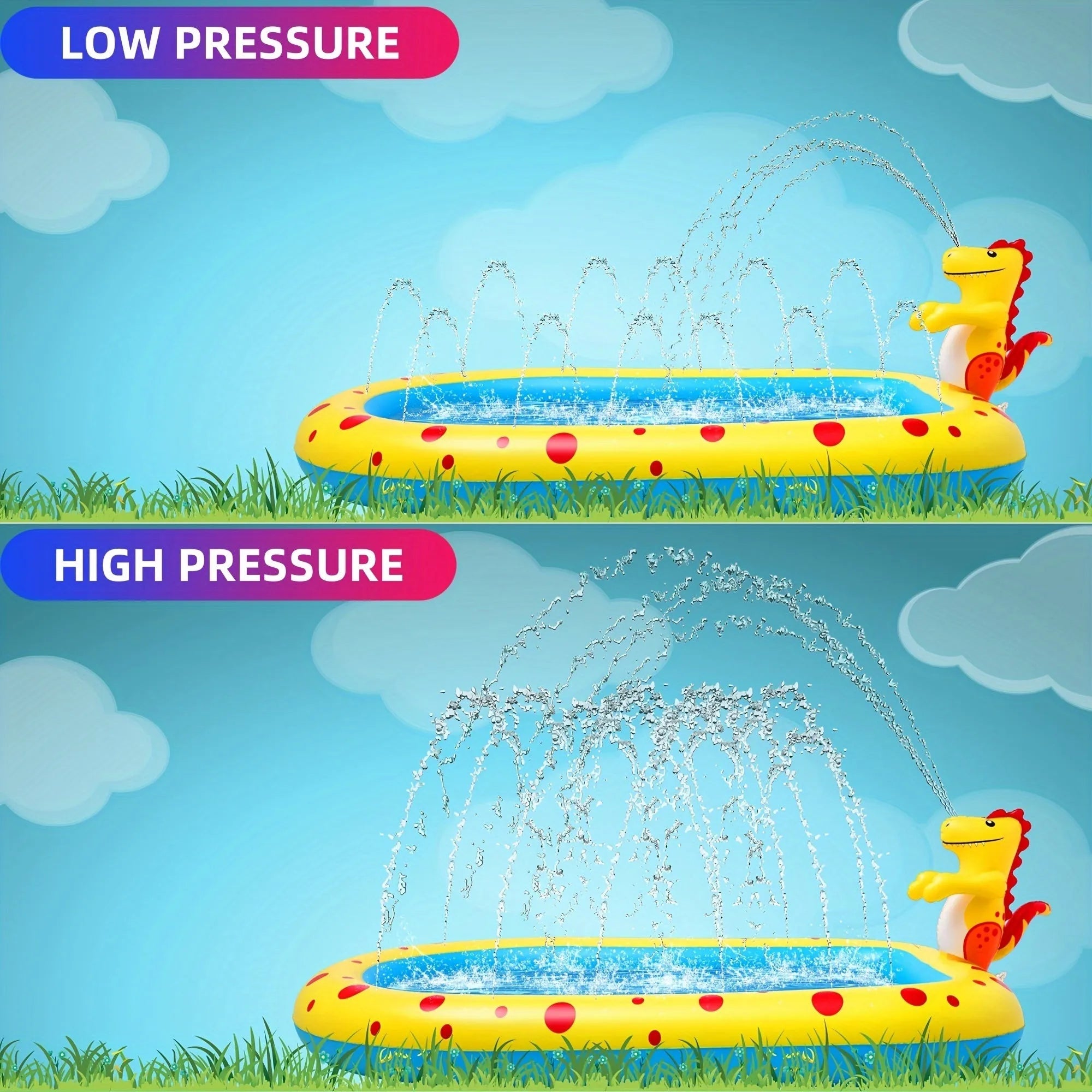 Blue dinosaur-themed inflatable water spray pool for kids in a garden