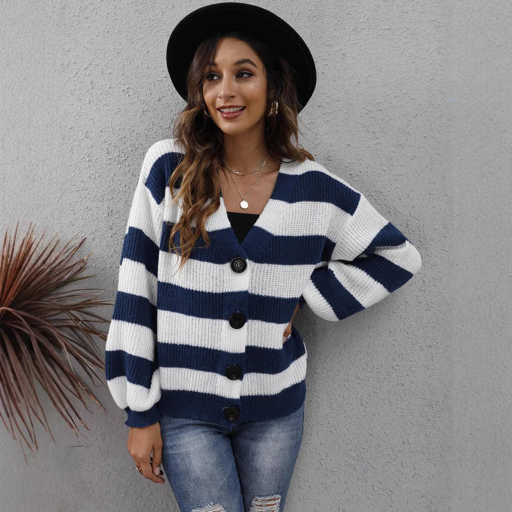 Women's striped cardigan sweater in deer plush fabric with button stitching, available in multiple colours and sizes.