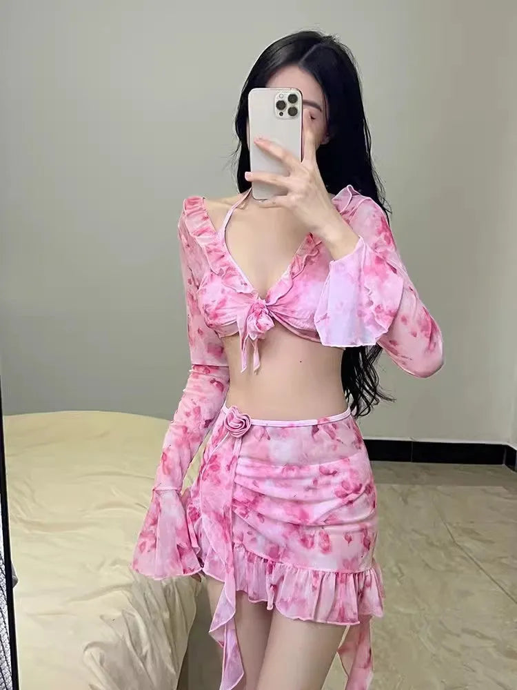 Women's floral bikini in cherry blossom powder with polyester fabric, sizes S to XL for beach and hot spring use