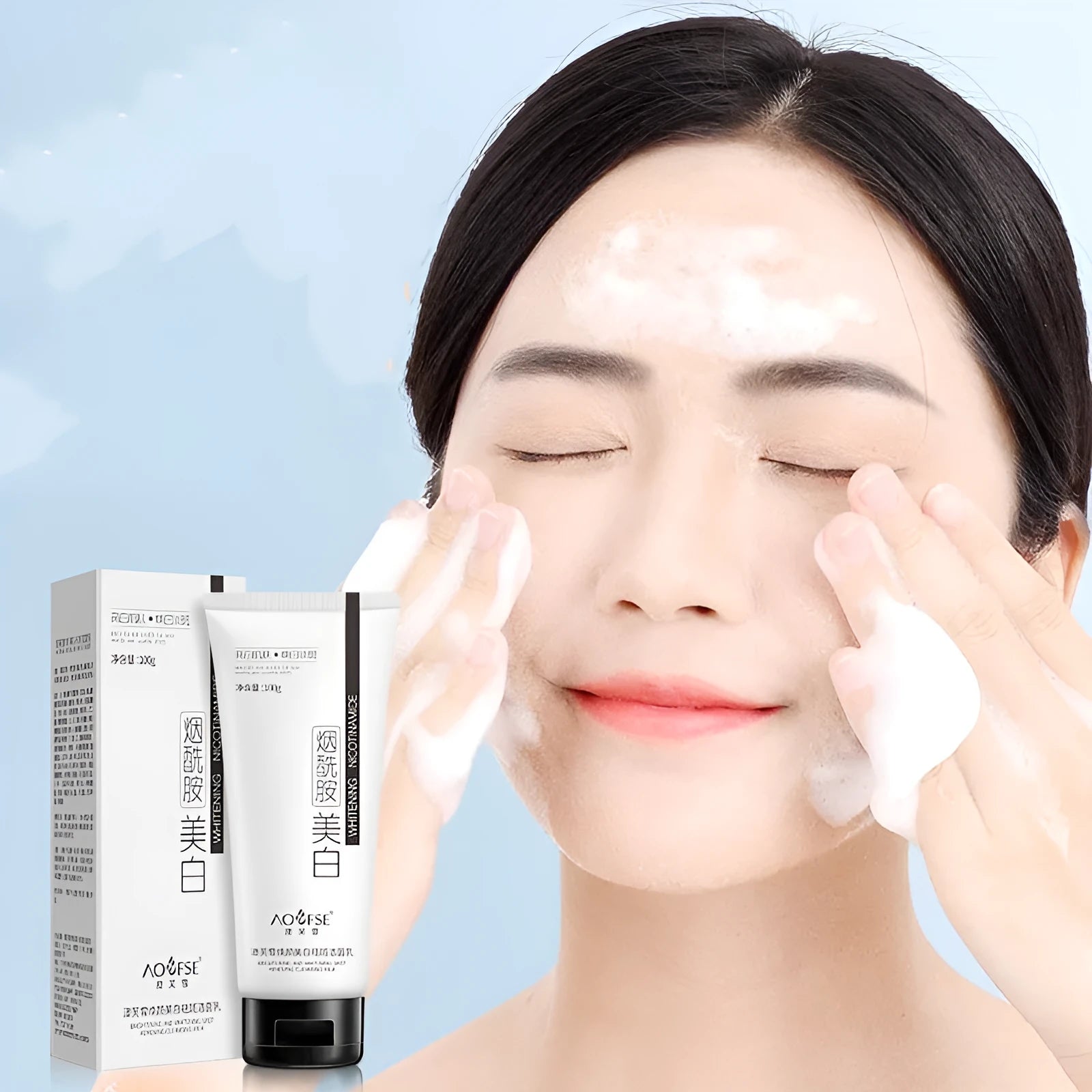 White tube of whitening and freckle removing facial cleanser, 100ml, for universal use.