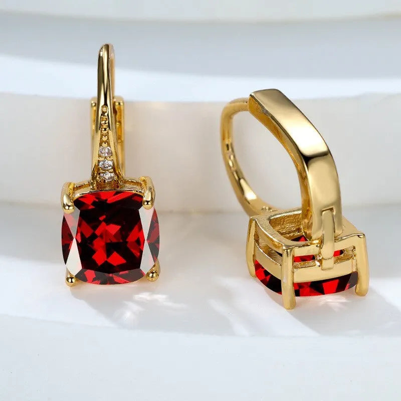 Geometric round ear hook earrings with square zircon inlay in electroplated copper construction
