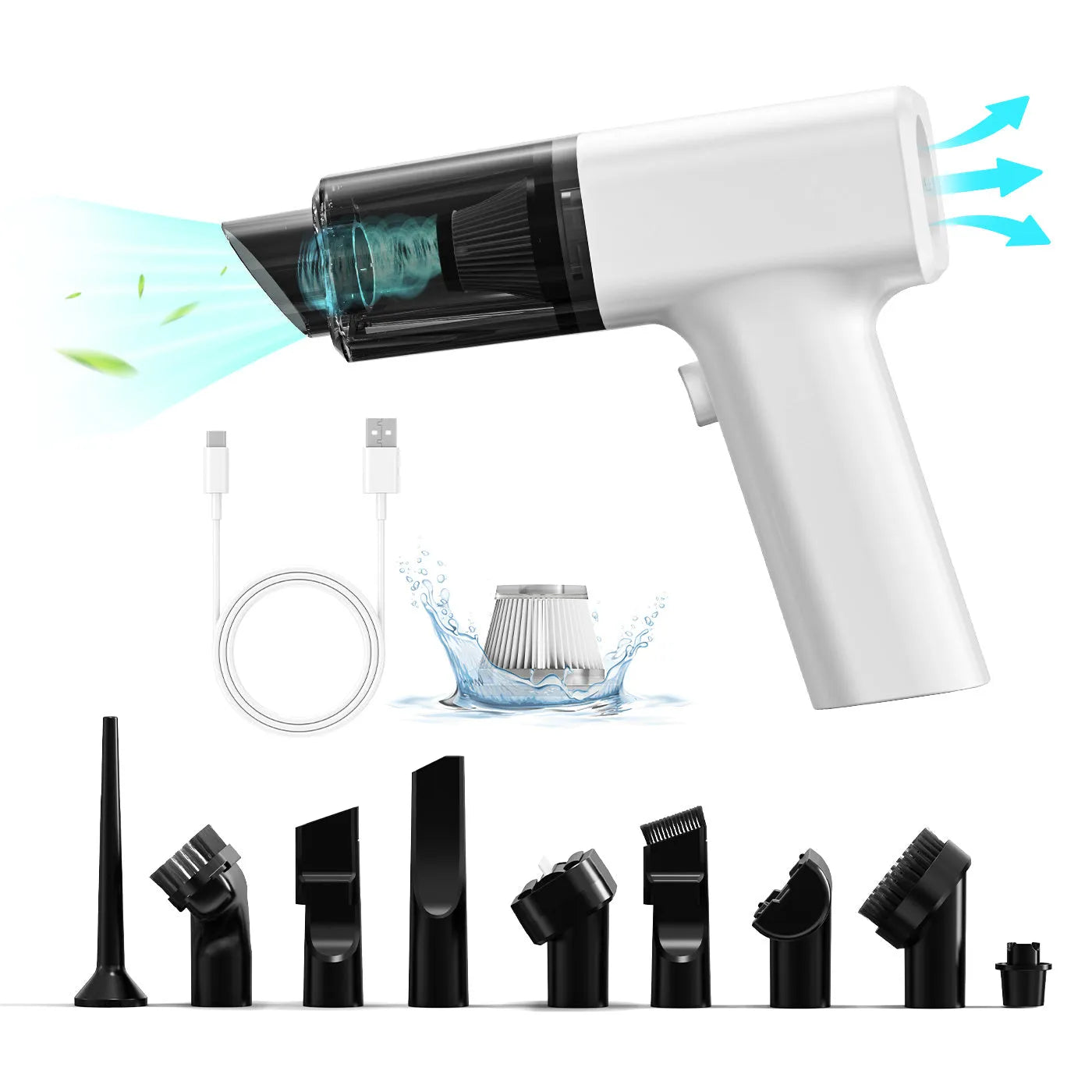 White plastic USB-powered dust collector attachment for vacuum cleaners to clean keyboards and electronics.