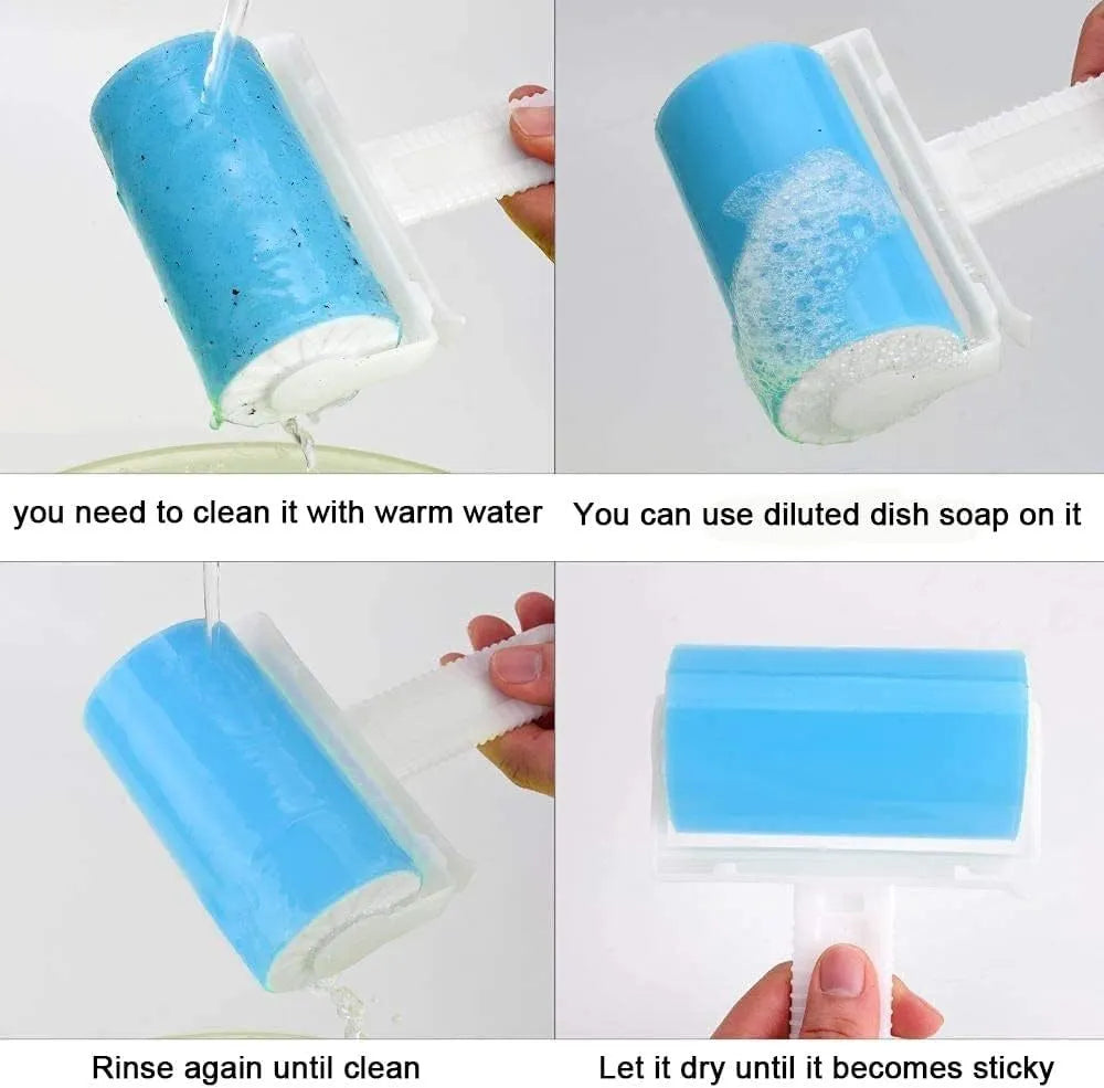Washable lint roller in blue, green, pink, or yellow with cover, dimensions 17x10x4cm