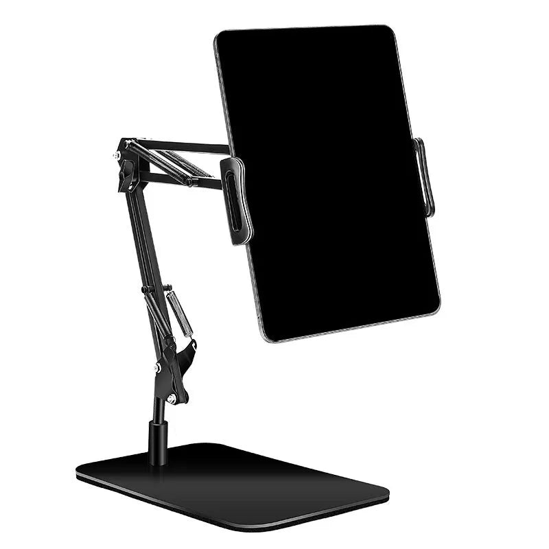 Black adjustable metal phone stand with long arm and rotating head on circular base