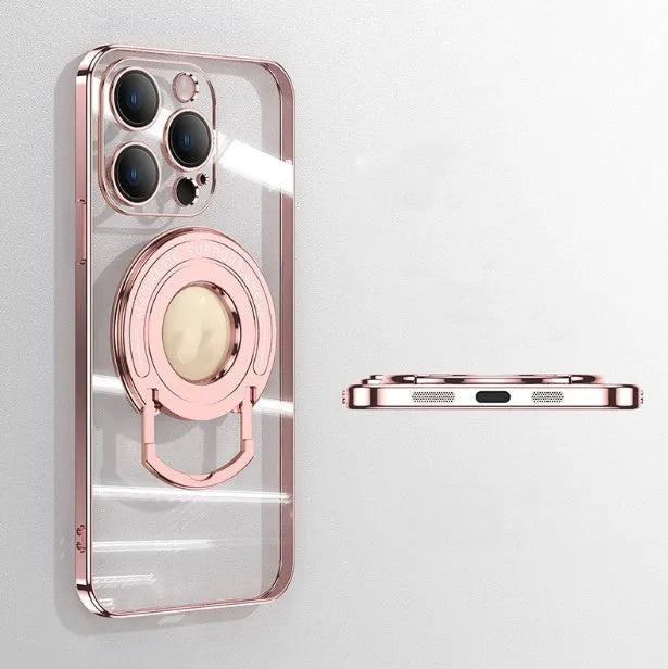 Transparent magnetic iPhone case with a silver electroplated frame and a pulled-out kickstand.