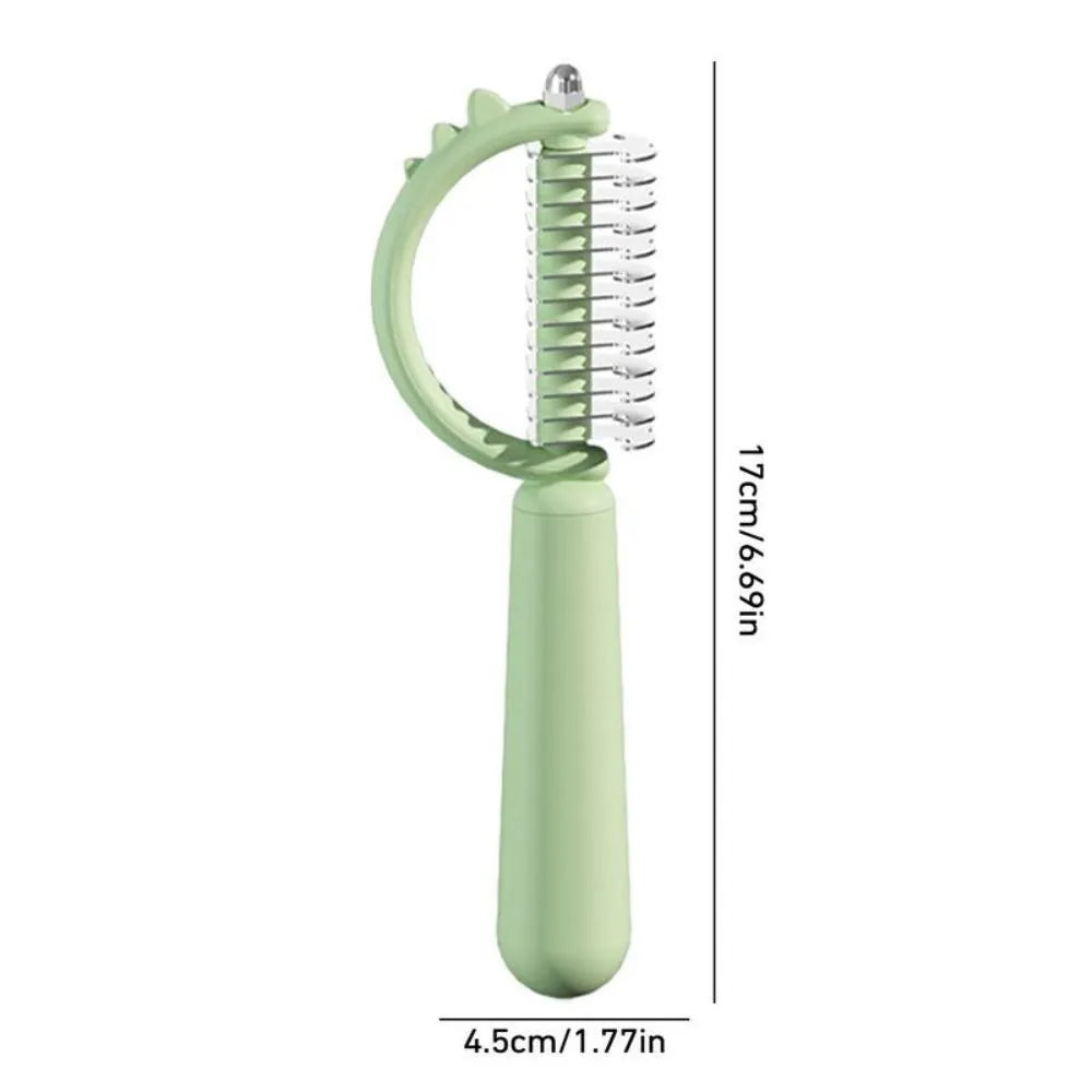 Blue dinosaur-shaped cat brush with stainless steel bristles for grooming and self-cleaning function