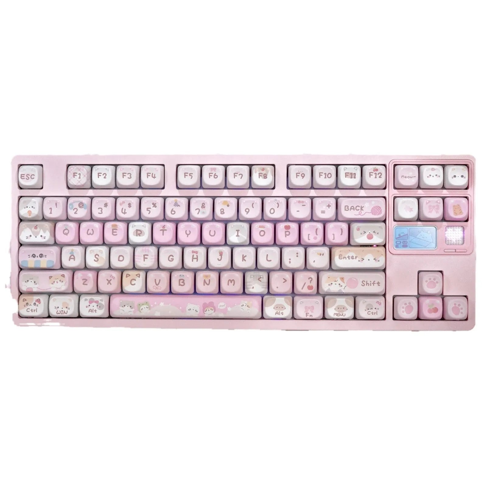 Pink MOA height keycaps with cartoon designs on all five sides for mechanical keyboard customisation