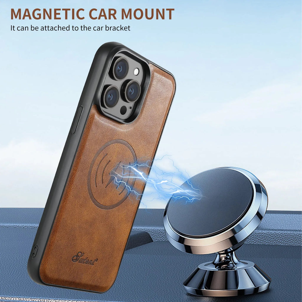 Oil wax silicone MagSafe phone case with integrated card slot for Apple iPhone.