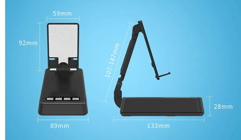 Black mobile phone stand with Bluetooth speaker on desk showing 135cm height and USB charging port