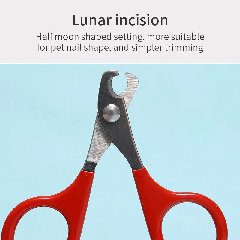 Professional stainless steel pet nail clippers with coloured plastic and rubber handle.