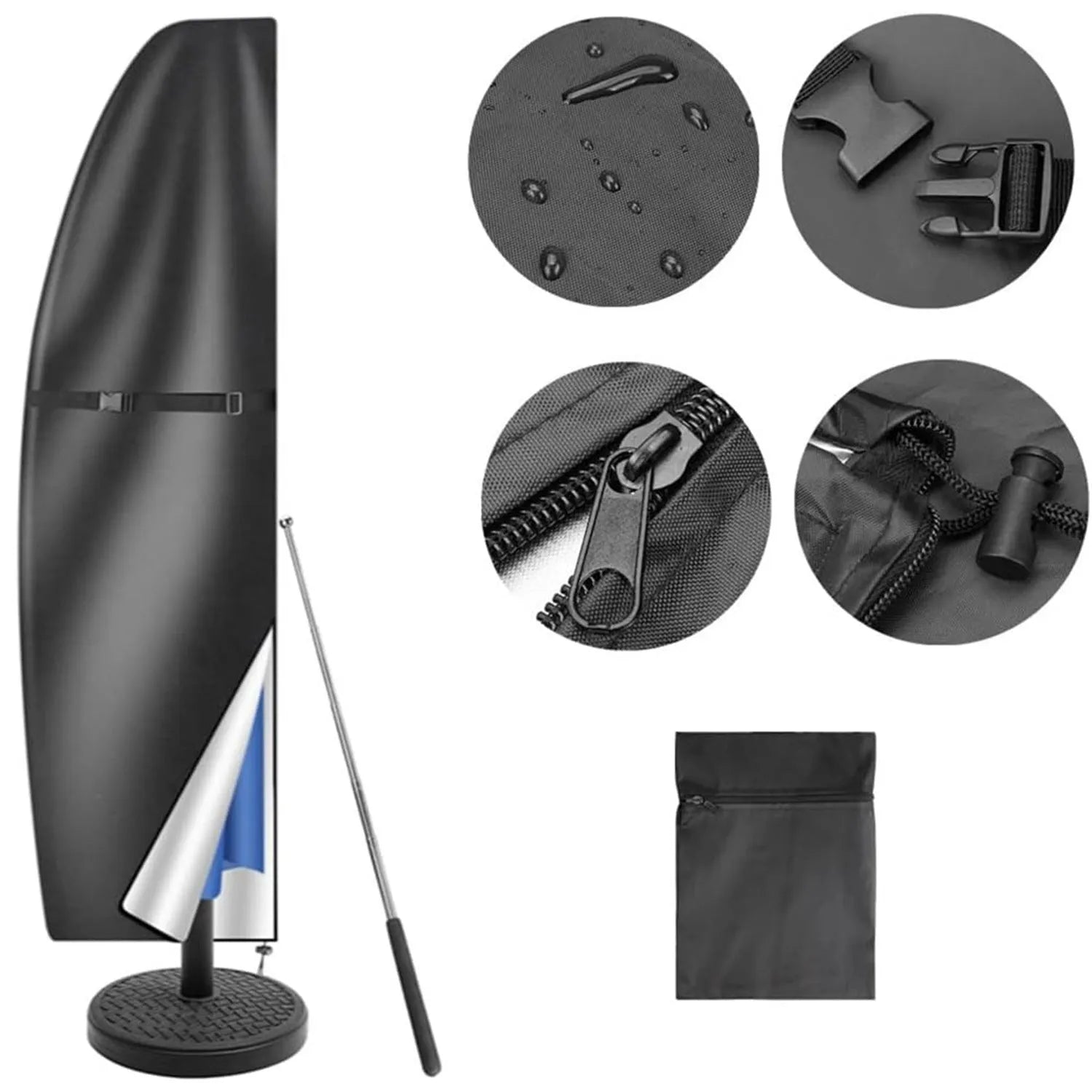 Waterproof Oxford cloth umbrella cover in grey, sized for banana-shaped offset umbrellas up to 280cm.