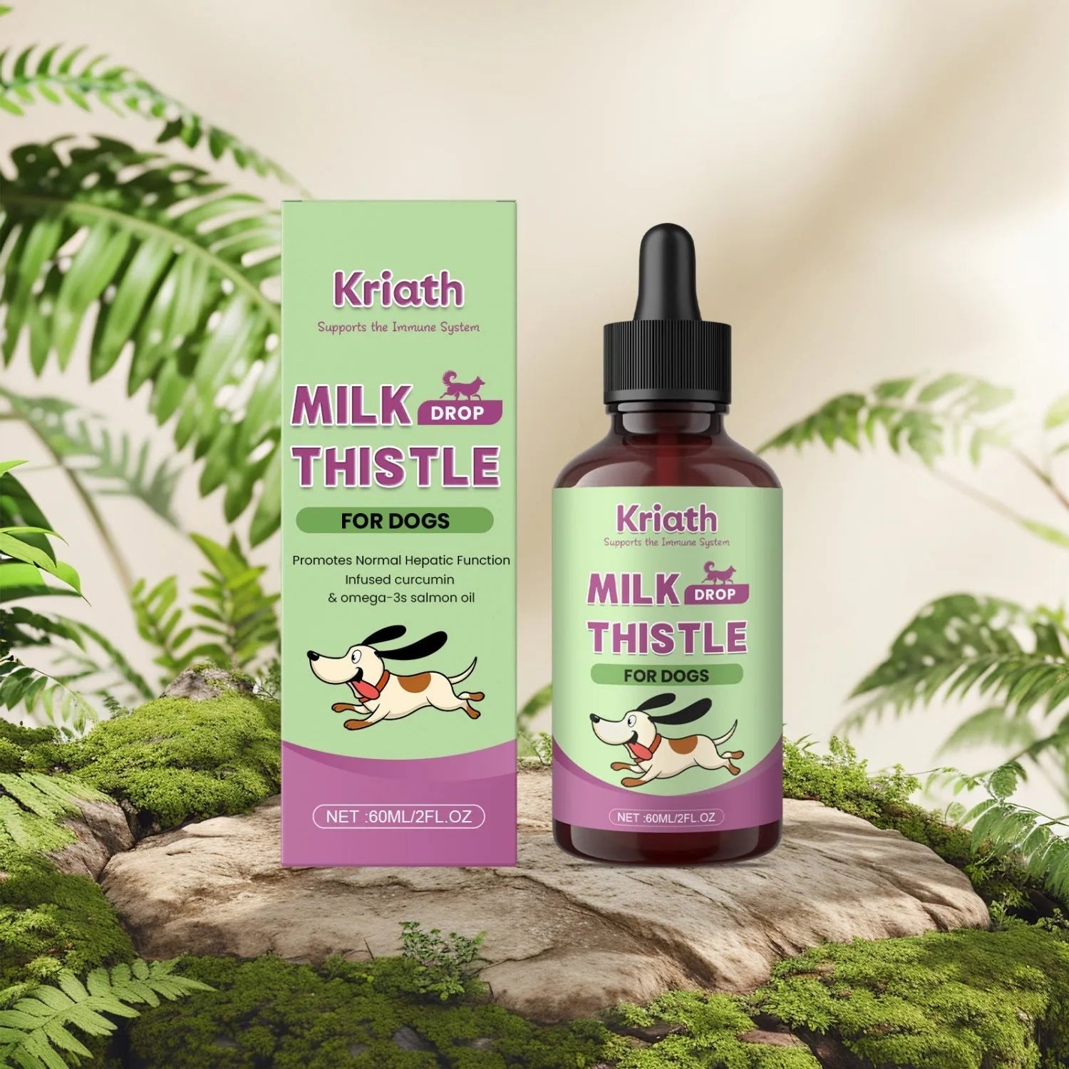 60ml bottle of dog nutrient solution with milk thistle and turmeric extracts