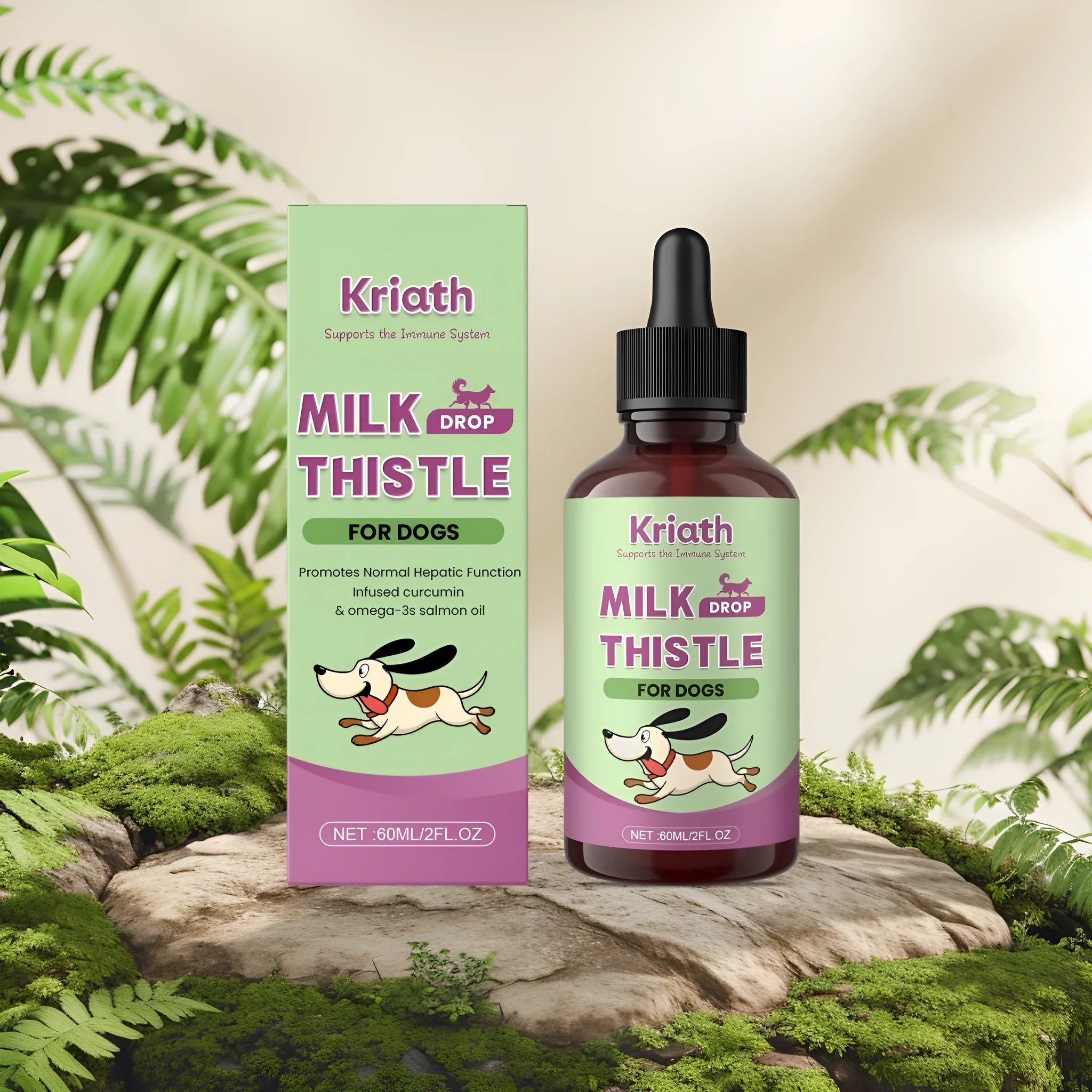 60ml bottle of dog milk thistle and turmeric liquid nutrient supplement with omega-3
