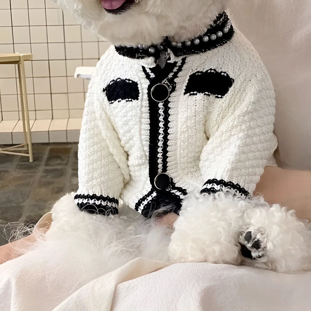Korean style puppy clothes pearl collar sweater in black or white with princess design for dogs 0.50 kg to 7.50 kg