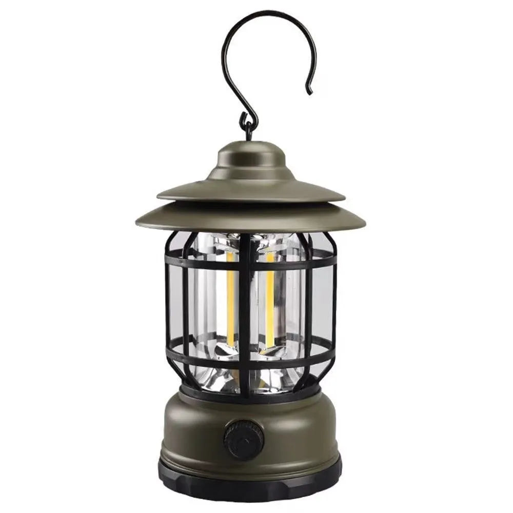 Portable camping lantern measuring 16.6 cm height in dark green, black, and red colours with multiple power options