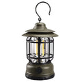 Portable camping lantern measuring 16.6 cm height in dark green, black, and red colours with multiple power options