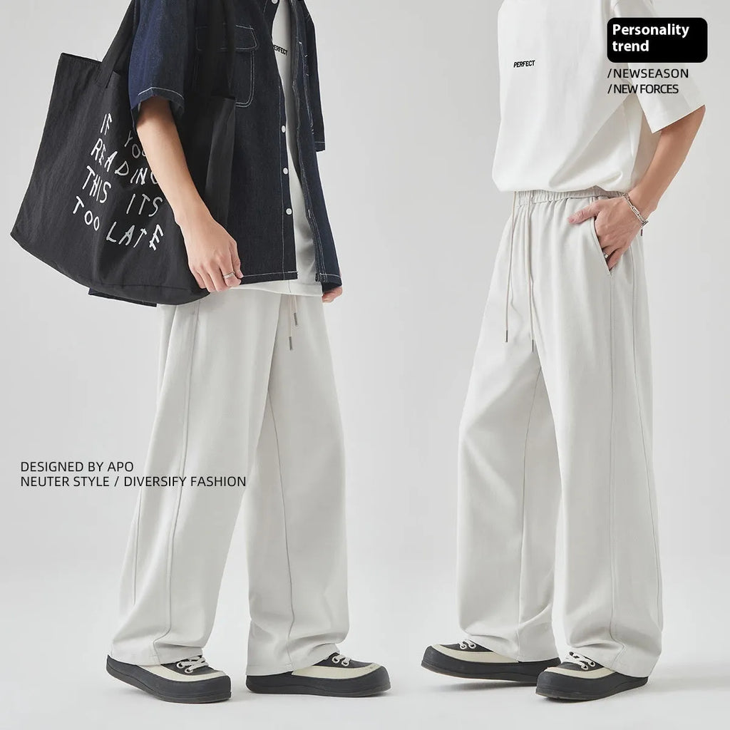 Men's grey cotton blend summer pants with high waist and lace-up closure on straight leg design
