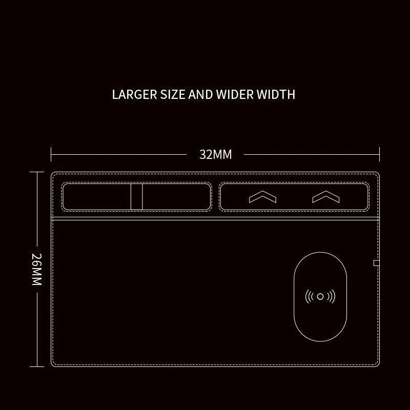 Multifunctional wireless charging mouse pad with phone holder on desk, showing 320x260mm PU surface in black colour