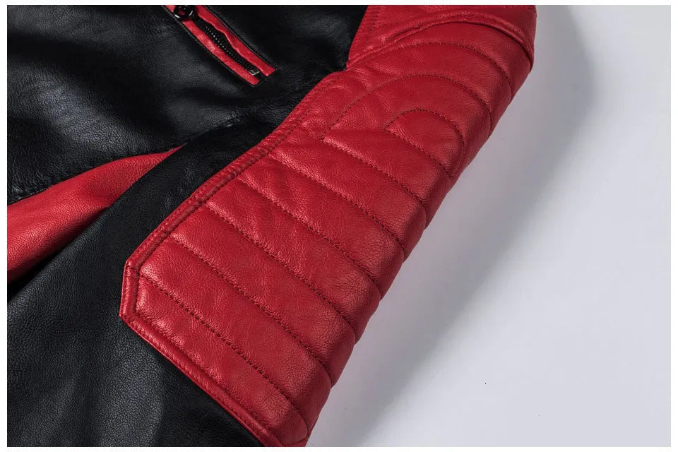 Men's PU leather motorcycle jacket with stand collar and zip pockets in brick red, brown or ivory white