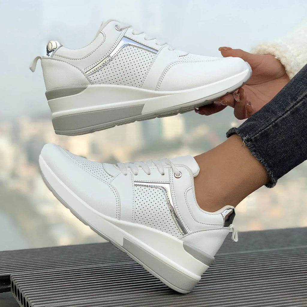 Women's milky white wedge platform casual shoes with lace-up front on a rubber sole.